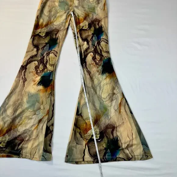 Blanc Abstract Mesh Flare Pants Large Earth Tone Sheer Print Y2K Art Girl Indie - Picture 5 of 14